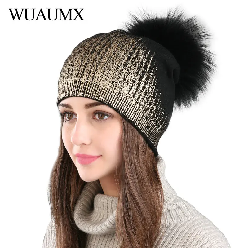 Женская Шапка-бини Wuaumx зимняя вязаная шерстяная шапка с помпоном из натурального
