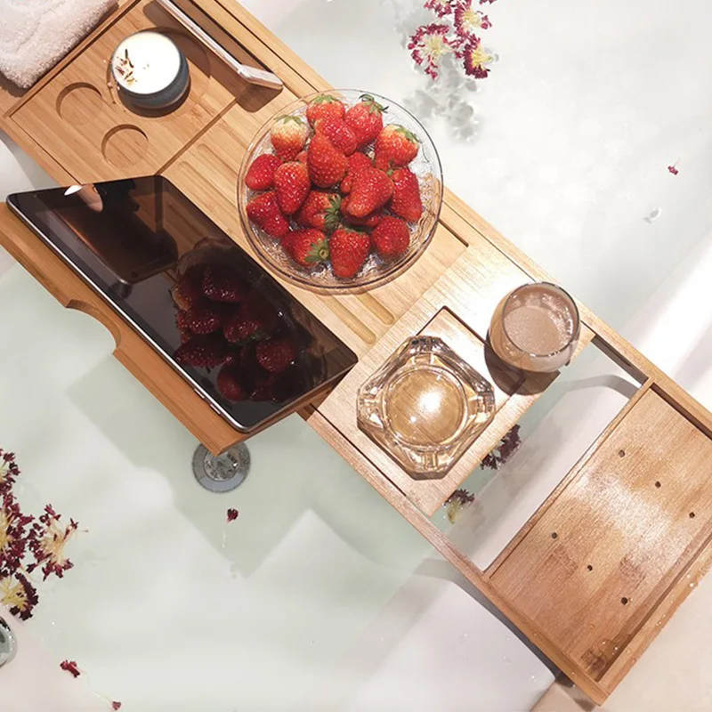 Extendable Bamboo Bathtub Tray Spa Bathtub Caddy Organizer Rack Book Wine Tablet Holder Nonslip Bottom Bath Tub Tray Shelf