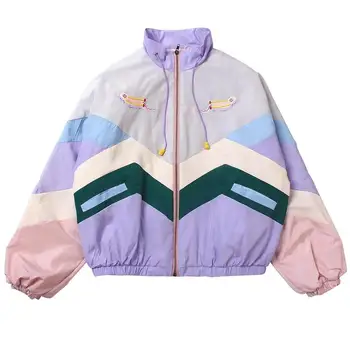 

Women Pastel Bomber Jacket Cute Embroidery Color Block Duster Souvenir Sukajan Jacket Japanese Girls Harajuku Style *