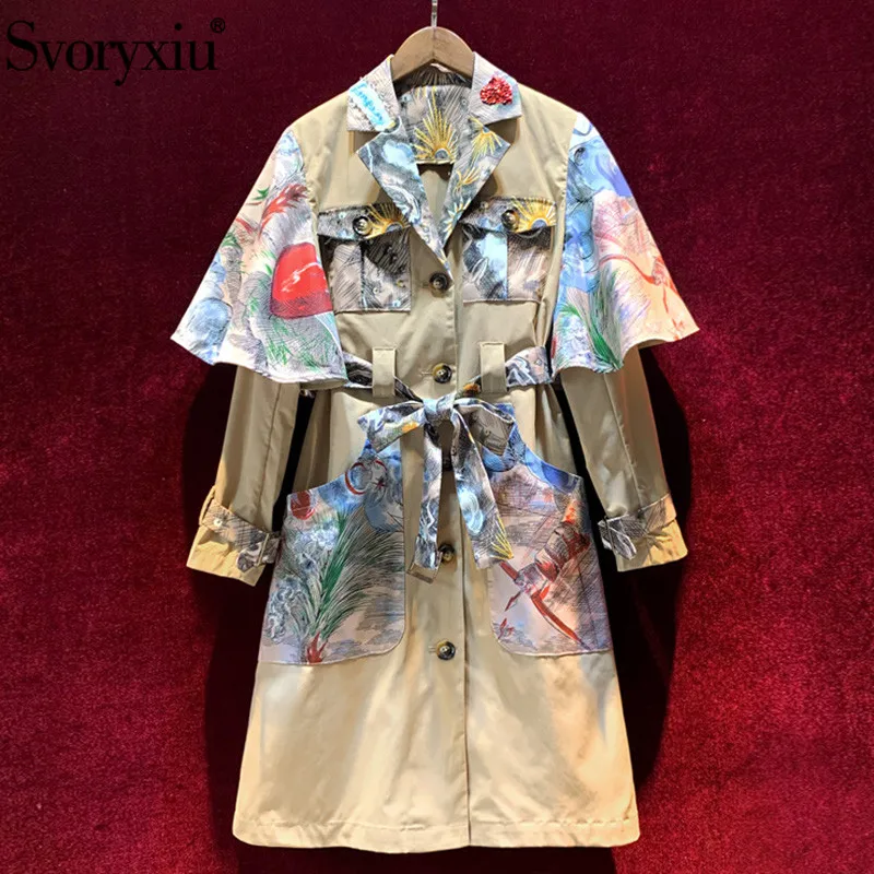 

Svoryxiu Designer Fashion Autumn Winter Office Lady Trench Coat Women's Long Sleeve Single-Breasted Print Overcoat Outwear