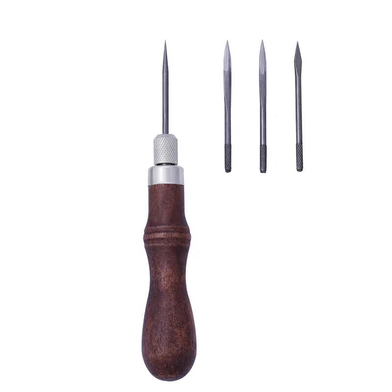 4 In 1 Leather Tools Sewing Awl Needles DIY Wood Handle Leather