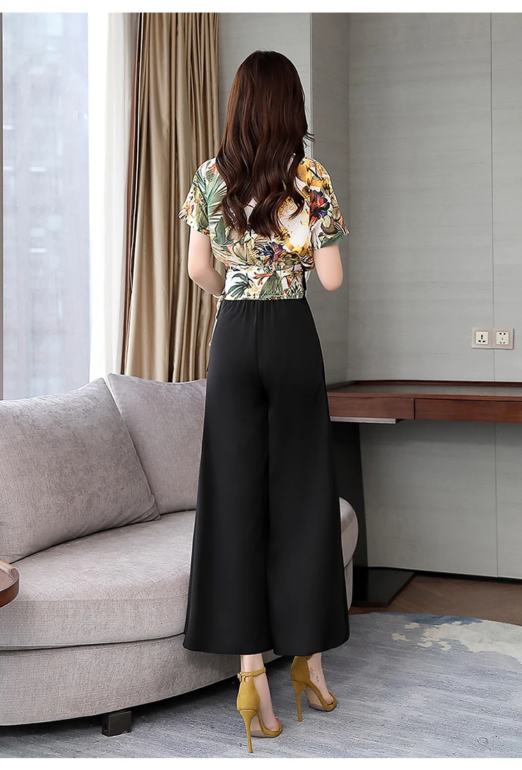 summer new ladies fashion temperament print chiffon drape wide leg pants two-piece suit