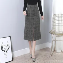 Осенне-зимняя плотная клетчатая Женская юбка, винтажная прямая юбка средней длины с разрезом, Элегантная Женская рабочая одежда в английском стиле 3538LY