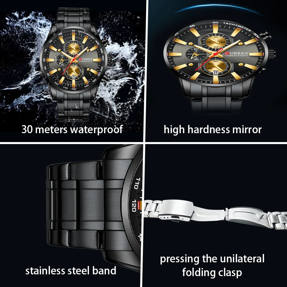 CURREN-relojes deportivos de lujo para hombre, cronógrafo de pulsera, de cuarzo, de acero inoxidable, manecillas luminosas