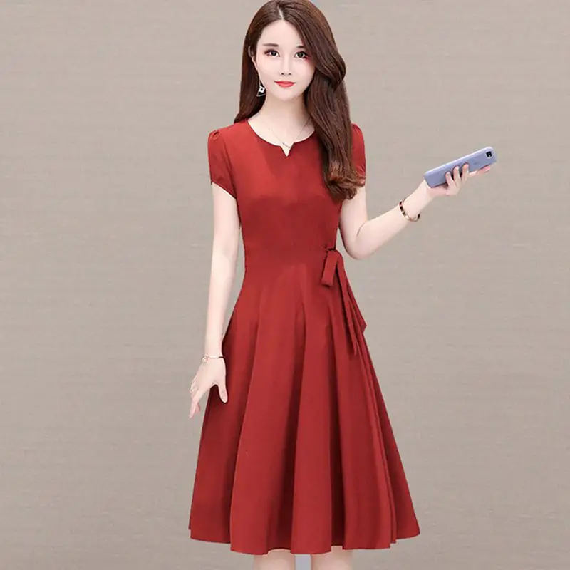 

Yfashion Women Elegant Dress Summer Solid Color Short Sleeves Midi-length Office Dress Ladies Fashion Summer Dresses