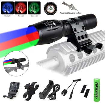 

Zoomable Flashlight 3 in 1 Red Green White 1000 Lumen Tactical Hunting Torch+2*Rifle Scope Mount+Remote Switch+18650+USB Charger