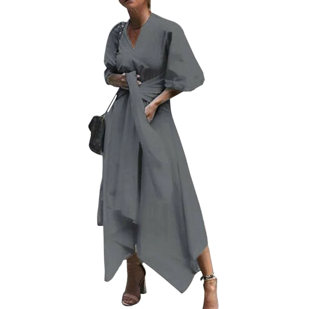 Laamei женское повседневное длинное платье с регулируемым поясом, тонкое приталенное платье с коротким рукавом, простое асимметричное женское платье с v-образным вырезом размера плюс