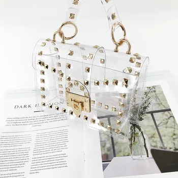 

Small Bag Small Square Bag Jelly Transparent PVC Handbag Rivet Chain Bag Single Shoulder Bag Shoulder Messenger Bag Women Bag