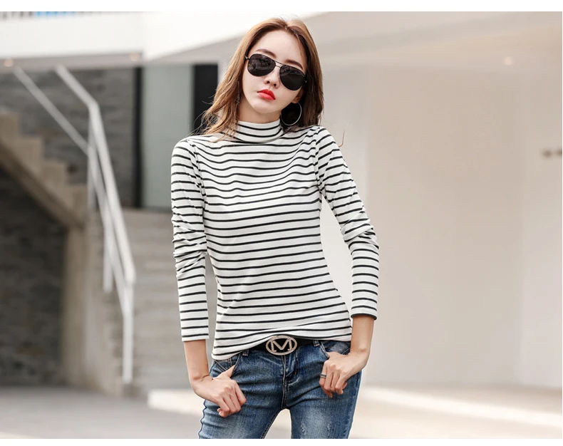 Striped Thicken T Shirt Women Turtleneck Tshirt Woman Clothes Poleras Mujer De Moda Fall Long Sleeve Cotton Tees Female