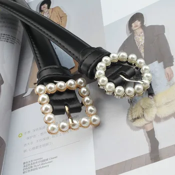 

Luxury Black Leather Belt Women Fashion Wild Solid Color Belt Alloy Square Buckle Inlaid Pearl Decoration Sweet Style Belt Women