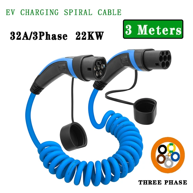 EV Charging Spiral Cable 32A 3 Phase 22KW for Electric Car Charger Station  Type 2 Female to Male Plug IEC 62196-2, 7M Charger - AliExpress