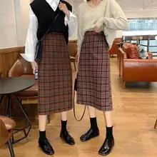 Для женщин шерстяные юбки для зимние Утепленные шерстяные клетчатые элегантные прямые шикарная юбка Высокая Талия Женская Юбка-миди