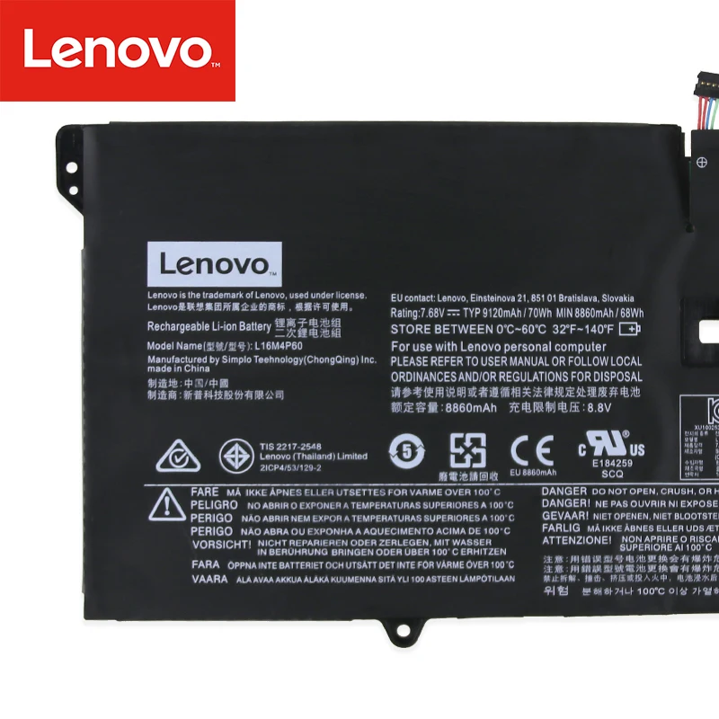 Original Laptop battery For Lenovo YOGA 920 YOGA 6 Pro-13IKB Yoga 920-13IKB L16C4P61 L16M4P60 7.68V 70Wh 9120mAh