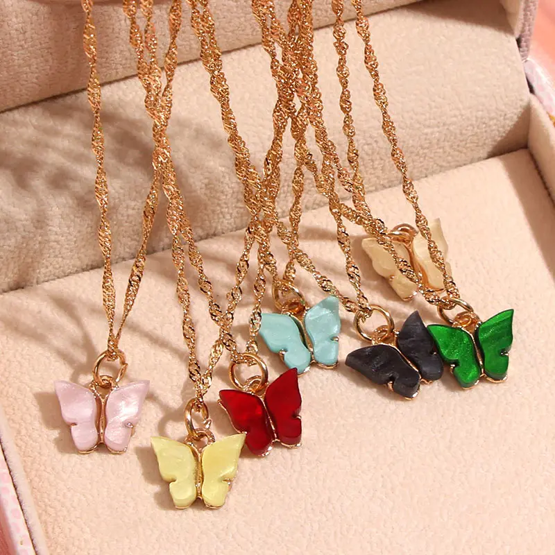 Flatfoosie Gold Color Butterfly Pendant Necklace Twist Chains For Women