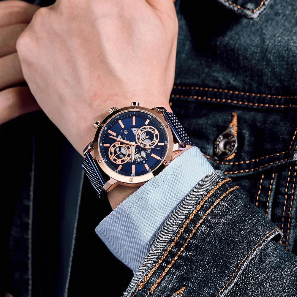 

Mini FOCUS Simple Casual MEN'S Watch Fake Three-Eyed Japan Movement Calendar Night Light Waterproof Steel Net Belt 0190G