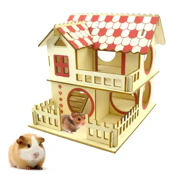 

Hamster Hideout Wooden Hut Small Animals Double Layer Villa Rat Room House Cage Exercise Toy with Ladder Board Accessories
