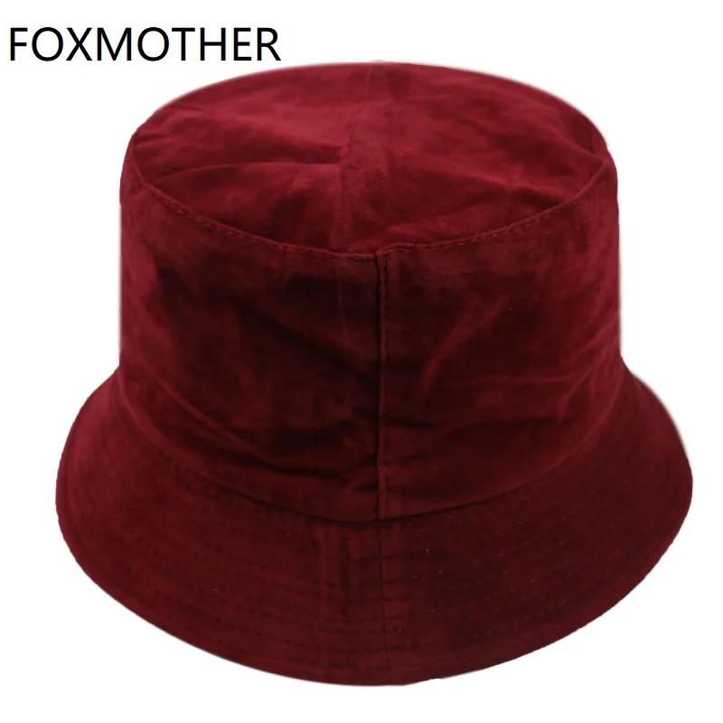 

FOXMOTHER New Autumn Winter Black White Camel Solid Color Velvet Bucket Hats Women Mens Buckethat