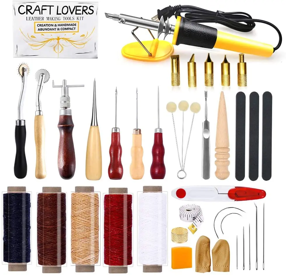 

Imzay 34PCS Leather Starter Kit With Leather Burning Tool, Waxed Thread Cord, Leather Sewing Needles, Leather Stitching Kit