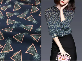 

19mm new navy blue color geometric pineapple printing silk stretch satin fabric silk shirt cheongsam cloth fashion fabric