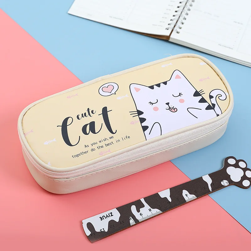 Estuche de lápices de gato Kawaii de gran capacidad, doble capa para la  escuela, estuches bonitos para niñas, papelería para estudiantes, vecino  Totoro - AliExpress