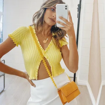 

Women Ruffles Sweater V-NaNa Cardigan Short Sleeve INS Fresh Crop Top V-Neck Croped Basic Sweater