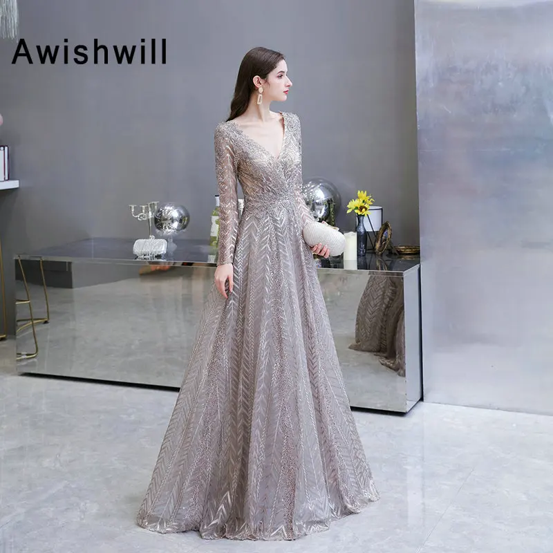 pink prom dress Gorgeous V-neck Long Sleeve Evening Gowns Women A-line Floor Length V-neck Beaded Lace Prom Dress Party Dress plus size prom dresses