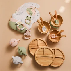 Utensílios para bebês 7 unidades copo de silicone babador, placa de madeira garfo de alimentação colher mordedor presente de nascimento para recém nascidos  talheres aparelho de jantar pratos bebe prato pratos de bebê