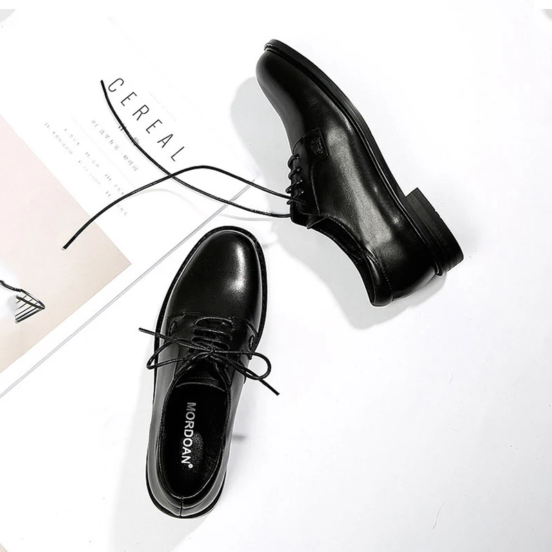 MORDOAN Genuine Cow Leather Oxfords Women Shoes Lace-Up Ladies Brogue Flat Derby Shoes Patent Leather Big Size 44 45 46
