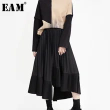 [EAM] черная плиссированная Асимметричная юбка средней длины с высокой эластичной талией, женская модная одежда, Новинка весна-осень, 1K170