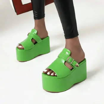 

Sianie Tianie 2020 patent PU green blue 9cm platform high heels slippers wedges woman shoes slides plus size 33-48 women mules