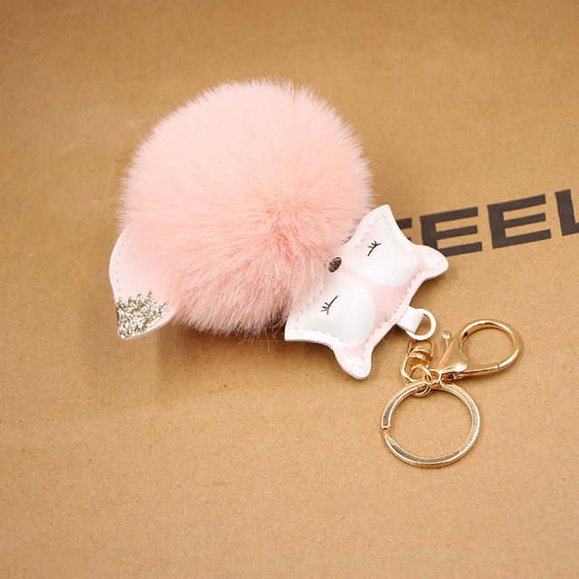 Ball Keychain Charm Key Ring Cute Leather Fox Keyring Plush Fluffy Pompom Faux Rabbit Fur Ball Bag Car Key Charms Accessory