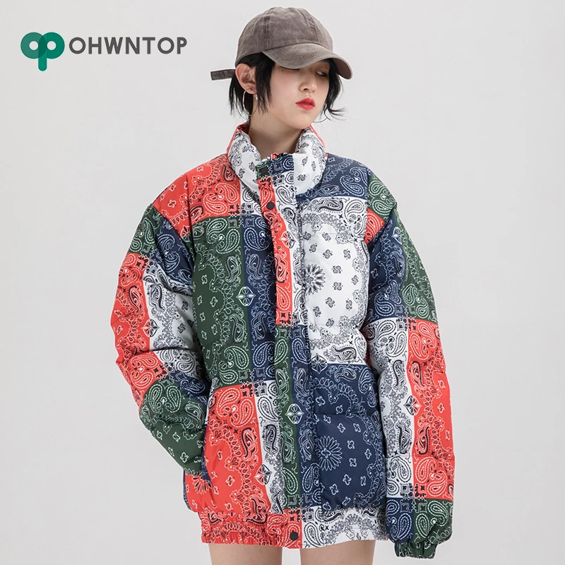 

2019 Hip Hop Jacket Parka Men Windbreaker Streetwear Retro Pattern Color Block Harajuku Winter Padded Jacket Coat Warm Outwear
