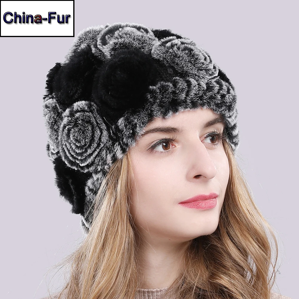 Женские зимние модные ботильоны Knitted100 % натуральный шапки из меха кролика рекс