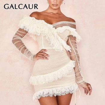 

GALCAUR Bodycon Dress For Women V Neck Long Sleeve Patchwork Lace Ruffles Designer High Waist Sexy Mini Dresses Female 2020 Tide