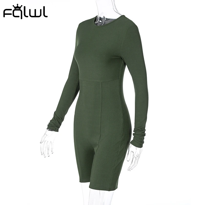 FQLWL Long Sleeve Rompers Womens Jumpsuit Female One Piece Outfit Ribbed Black White Short Bodycon Jumpsuit Women Playsuit 2021