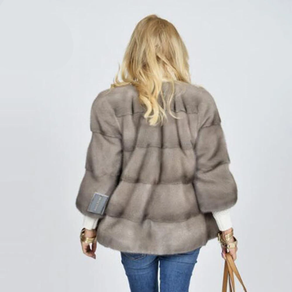 TOPFUR Winter Real Mink Fur Coat Women Natural Mink Fur Thick Warm O-Neck Three Quarter Sleeves Standard Regular Coat Women