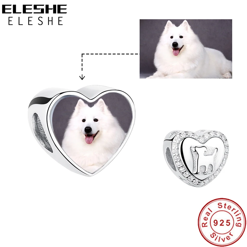 

ELESHE 100% 925 Sterling Silver Pet Dog Charm Bead Fit Original Charm Bracelet DIY Custom Photo Heart Charm Personalized Jewelry