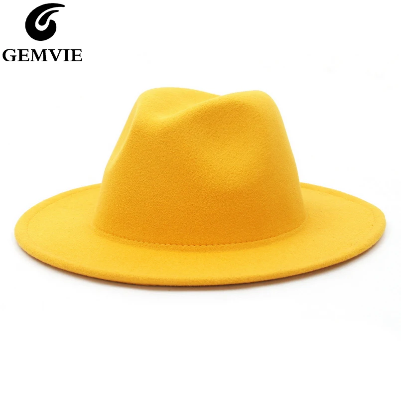 Skup GEMVIE cały mecz fedora z szerokim rondem kapelusz dla kobiet solidna kolorowa wełna filcowy kapelusz dla mężczyzn jesienno zimowa Panama Gamble żółta czapka jazzowa
