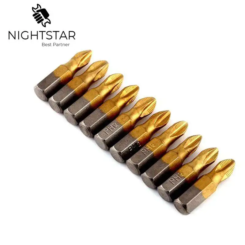 

10pcs Titanium Screwdriver Bits Coated PH2 Screwdriver Head Anti Slip 1/4" Hex Shank Drill Bit 25mm Power Tools Accessories