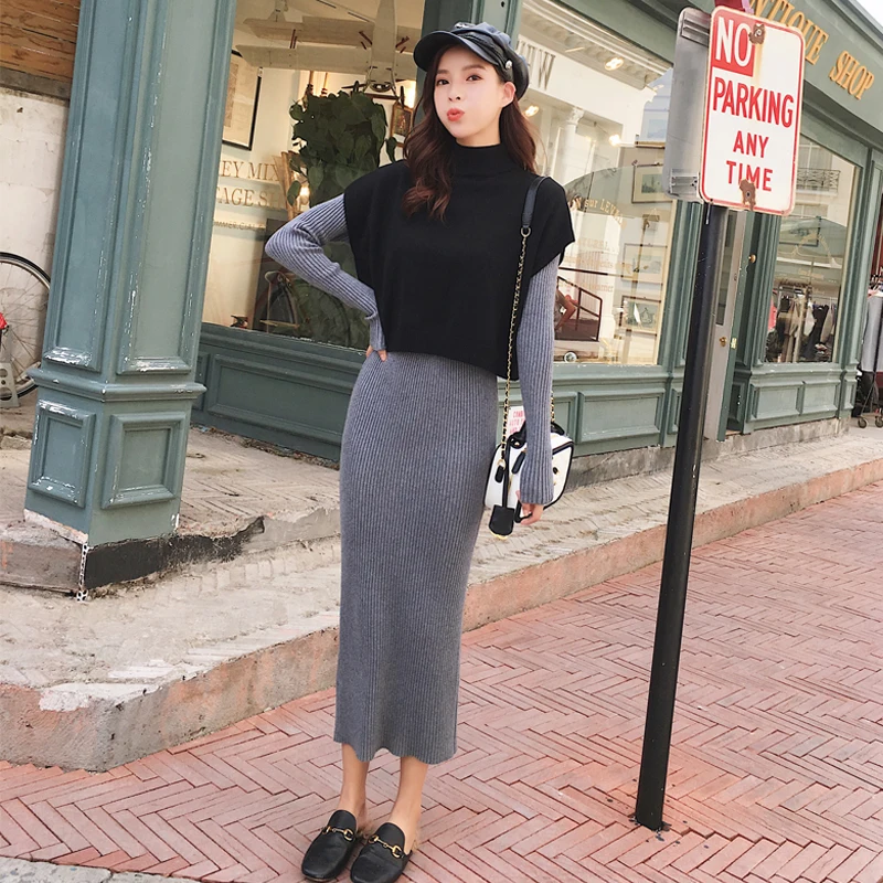 

2019 New Autumn Winter Fashion Women Suit Oversize Knitted Vest Pullover Sweater And Bodycon Sweater Long Dress Two Piece Set