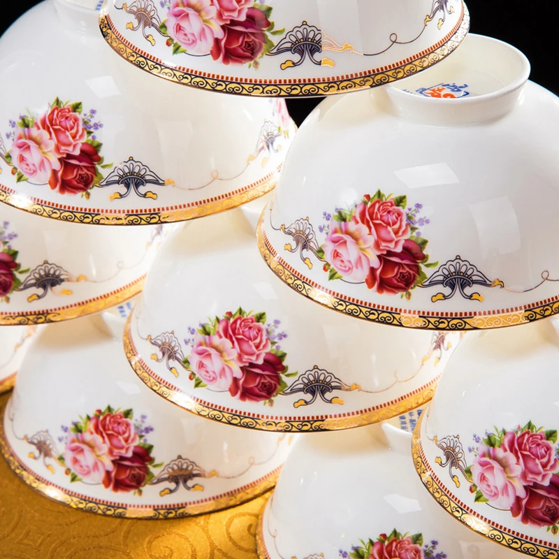 60pcs Flower Style Glazed Jingdezhen Bone China Porcelain Bowl and Dish Plate Set Dinnerware Tableware Set