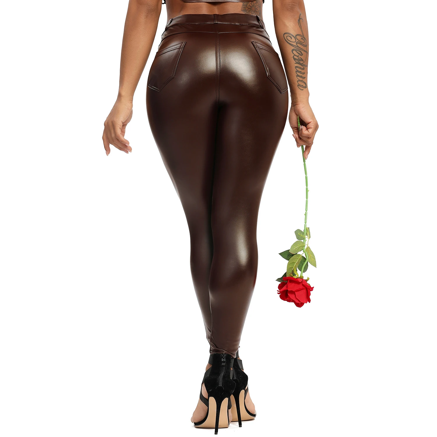PU Leather Leggings with Pocket for Women Night Club High Waist Curvy Elastic Ruched Tummy Control
