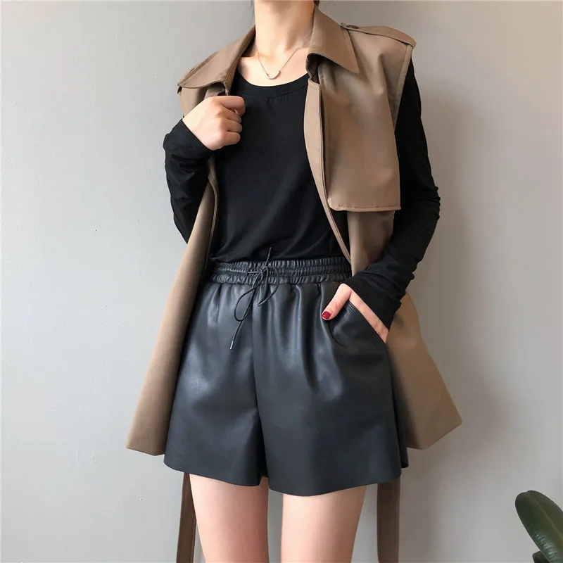 MyZyQg Women Retro PU Leather Shorts High Waist Sexy Casual Black Korean Loose Wide Leg Short