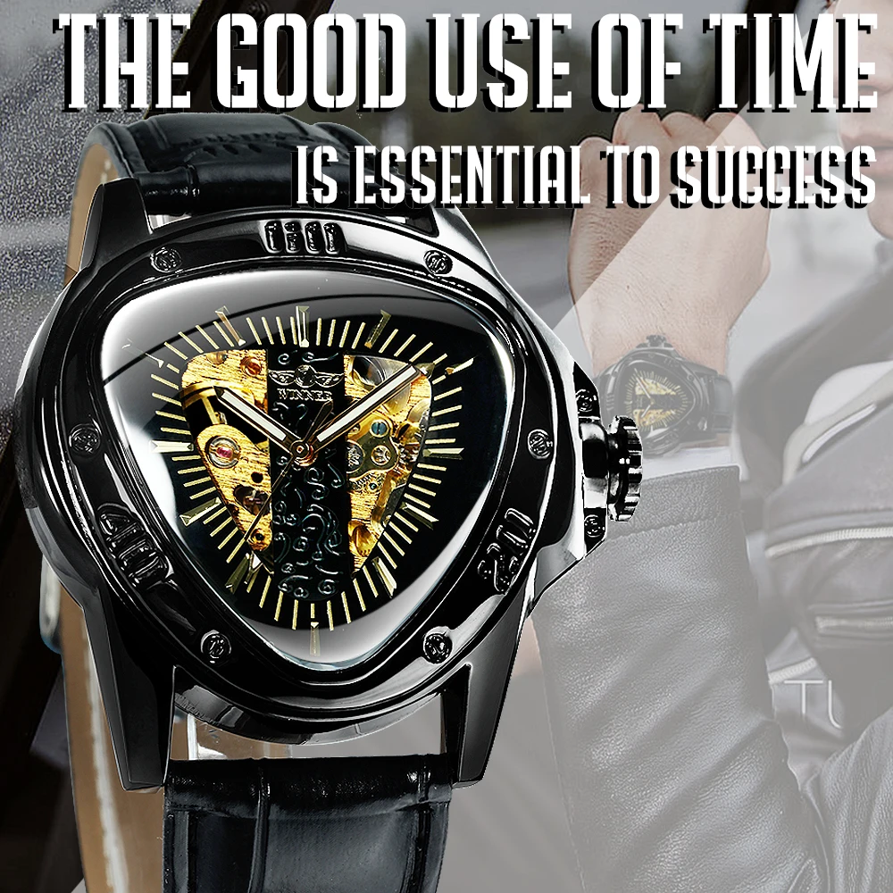 Triangle Military Wrist Watches for Men Mechanical Skeleton Watch Leather Belt WINNER