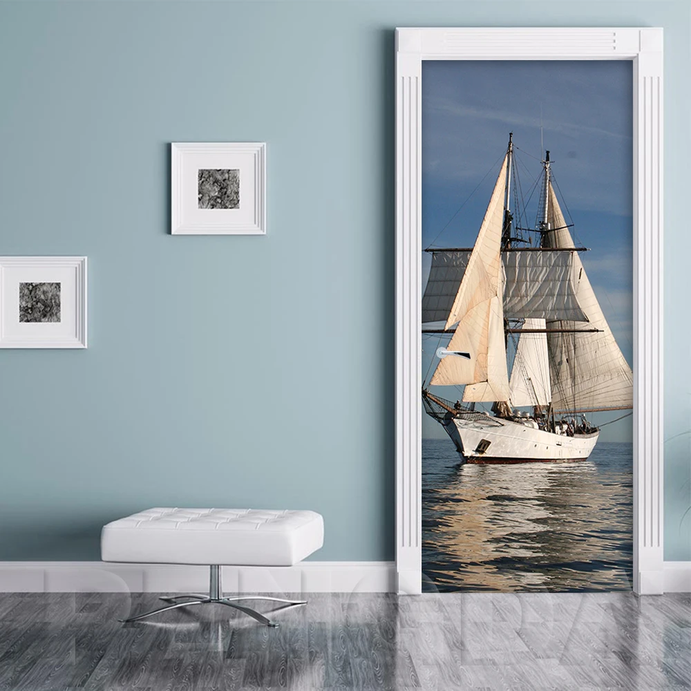 

3D Print Sticker Artwork Sailboat Sea View Picture Self Adhesive Decal Home Decoration Waterproof Paper Living Room Door Poster