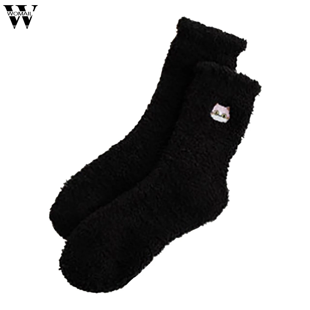 Womail/мужские и wo мужские зимние милые бархатные носки кораллового цвета с вышитым котенком из мультфильма, женские носки-тапочки из полубархата