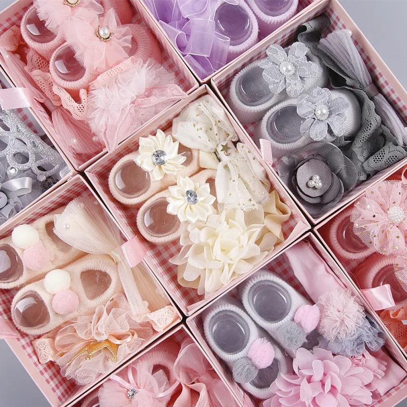 Бант на голову для новорожденных девочек цветочная ткань волосы резинки аксессуары носки подарочные коробки костюм 14 цветов