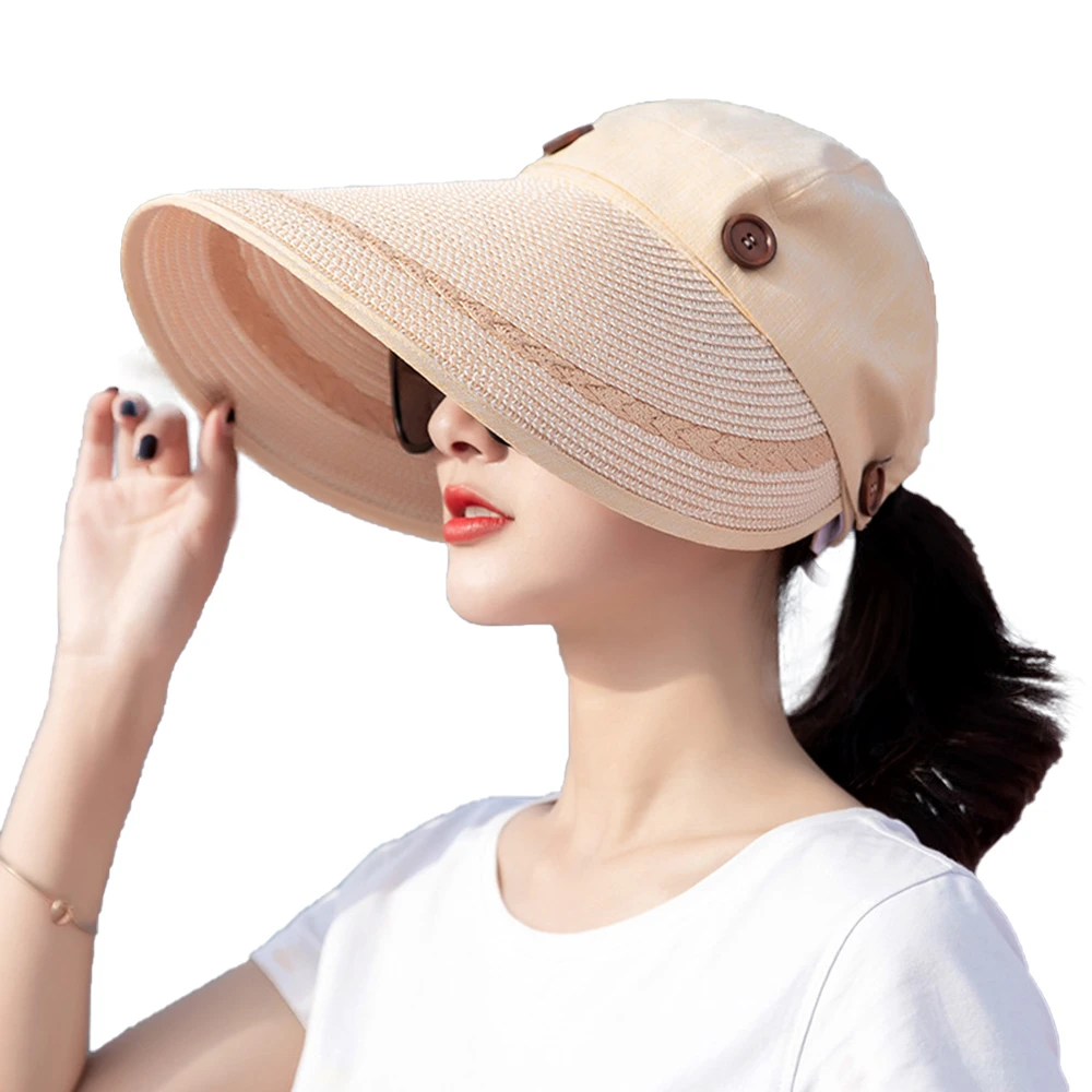 35CM M19 Women Summer Large Wide Brim Beach Sun Hat Cap Button Straw Hat  Summer Anti UV Visor Hats Beach Holiday Cap|Women's Sun Hats| - AliExpress