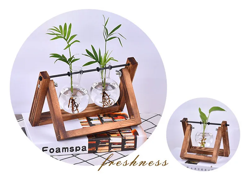Creative Wooden Stand Glass Terrarium Container Hydroponics Planter Flower Pot Tabletop Vase DIY Home Office Wedding Decor