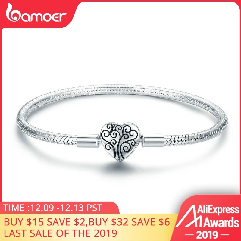 Baratos BAMOER 100% Plata de Ley 925 primavera Árbol de la vida forma de corazón cierre Cadena de serpiente pulsera de plata esterlina joyería S925 SCB066